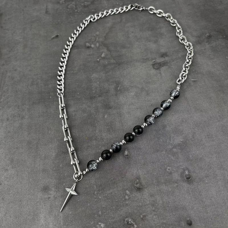 Hip Hop Mangxing Cross Ice Cracking Beads Splejset titanium stål halskæde til mænds trendy og minoritetsdesign_voghion.com