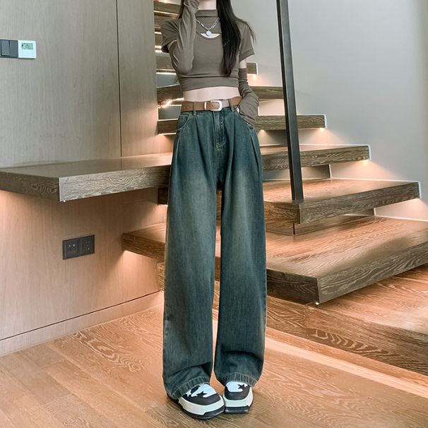 Zementgraue weite Jeans für Damen im Herbst, neue hoch taillierte amerikanische gerade Beinhose, lockere und vielseitige hängende Bodenhose_voghion.com