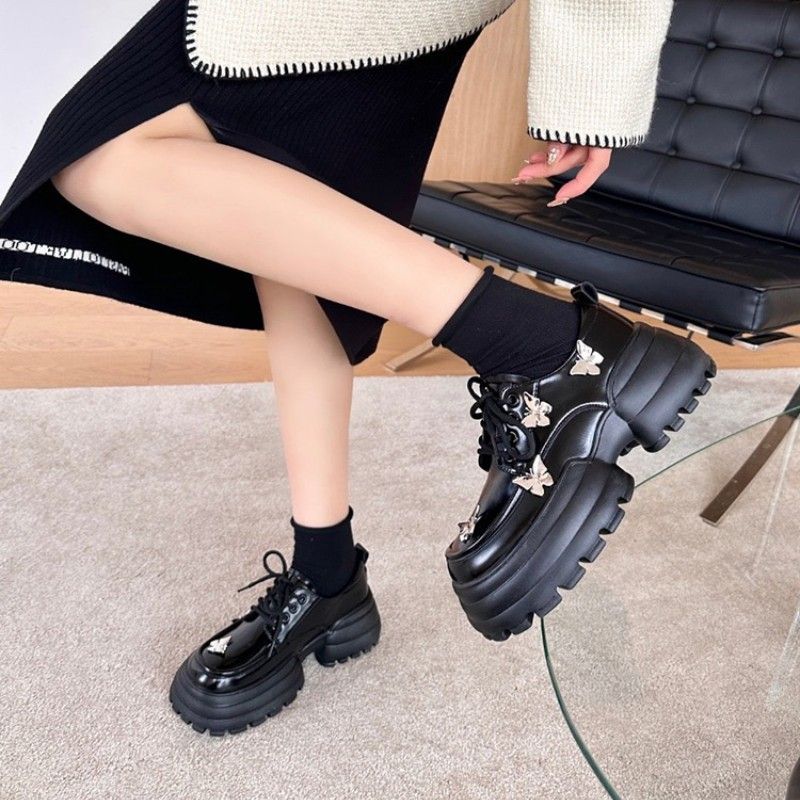 Sweet Cool Style Small Leather For Women's Spring 2023 New Metal Bow Thick Sole Versatile Lace Up Casual British Single_voghion.com