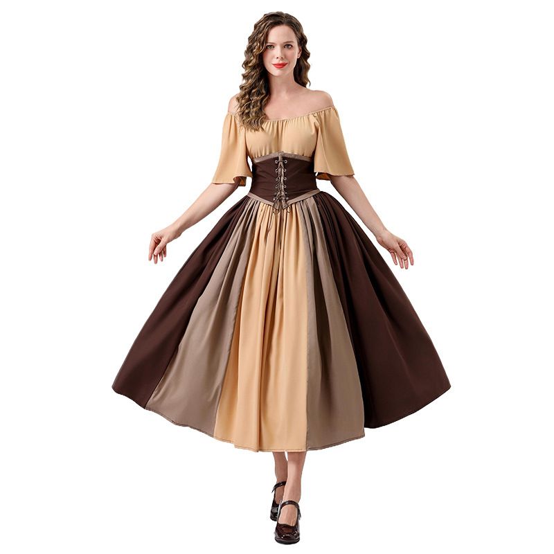 Dress with contrasting splicing, flying sleeves, tie up waist, princess skirt, one shoulder dress, fluffy skirt_voghion.com