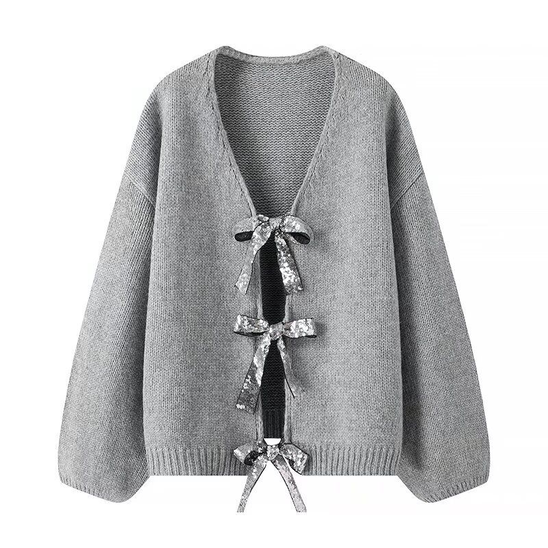 Damenmode, mit Pailletten, zweifarbig, Persönlichkeit, Schleife, verziert, lockerer Strickpullover, Strickjacke_voghion.com