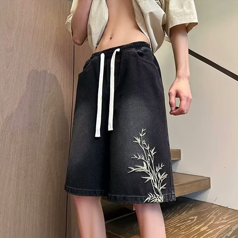 Novos shorts jeans bordados masculinos – Shorts casuais leves e lavados de verão de 5 polegadas (preto, azul, P-3GG)_voghion.com