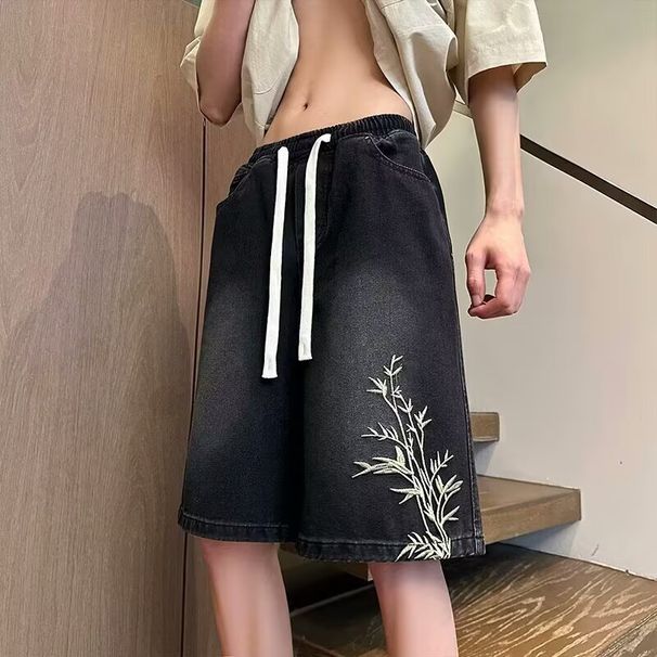 Novos shorts jeans bordados masculinos – Shorts casuais leves e lavados de verão de 5 polegadas (preto, azul, P-3GG)_voghion.com