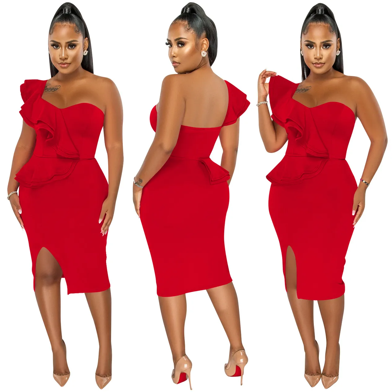 Women's Clothing fashion casual ruffled slit one shoulder sleeve dress women's clothing_voghion.com