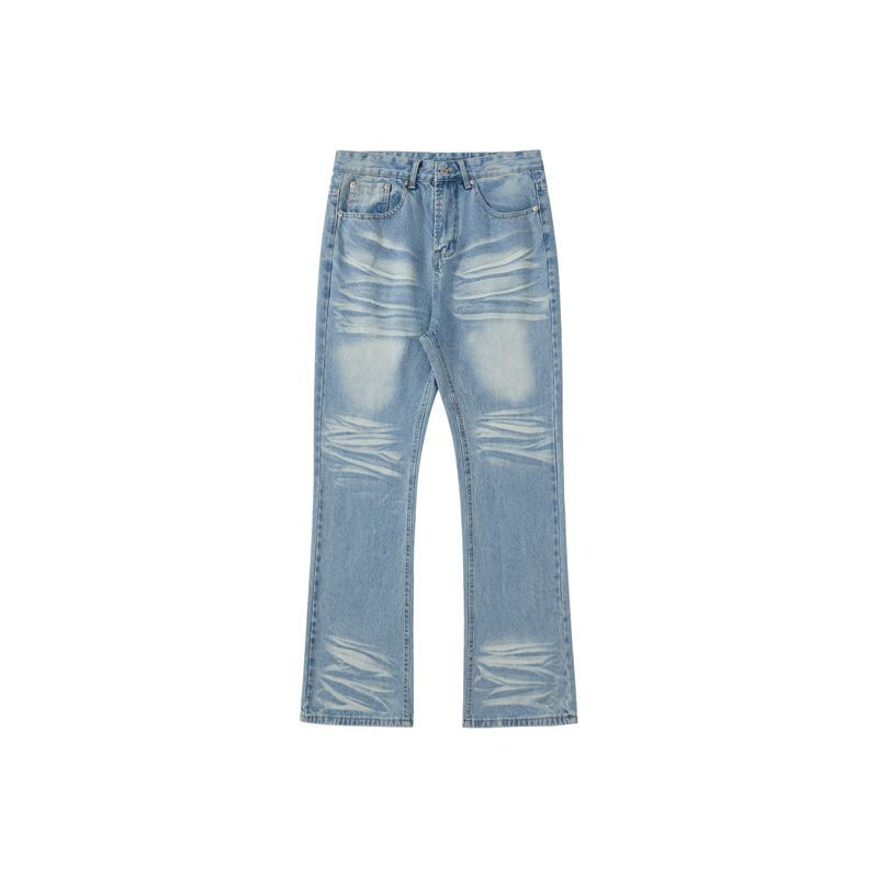 Ropa para hombre: Vaqueros lavados en azul hielo con ondas de agua y bigotes de gato desordenados, pantalones holgados._voghion.com
