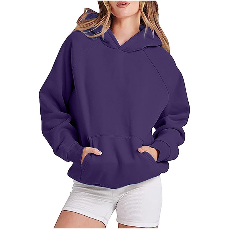 Women's loose casual slanted shoulder sleeve hooded solid color veet women's sweatshirt_voghion.com