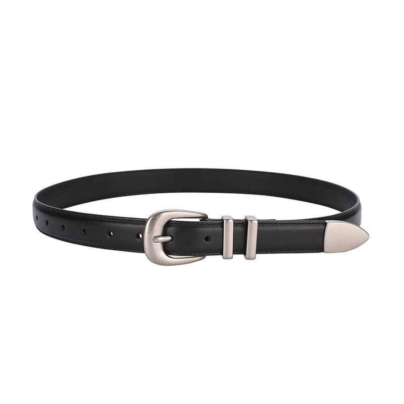 Punk Style Top Layer Cowhide Vintage Silver Buckle For Cargo Pants And Jeans Women's Genuine Leather Belt_voghion.com