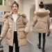 Women's Winter Puffer Coat With Detachable Hood, Long Sleeve, Mid-Length Warm Jacket For Casual Outfits (Beige, Black, Khaki, Red, Orange)_voghion.com