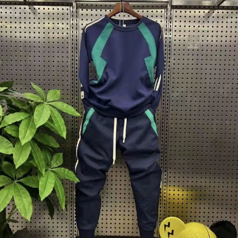 Men's Clothing Spring and Autumn Style Contrast Color Round Neck Pullover Long Sleeve Sweater Suit Men's Casual All match Sports Two piece Suit_voghion.com
