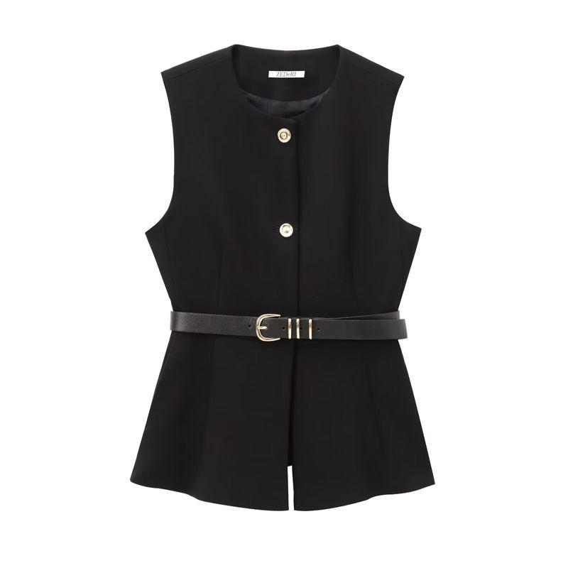Vêtements pour femmes, ceinture haut de gamme, chemise simple sans manches, gilet superposé à la taille pour femmes_voghion.com