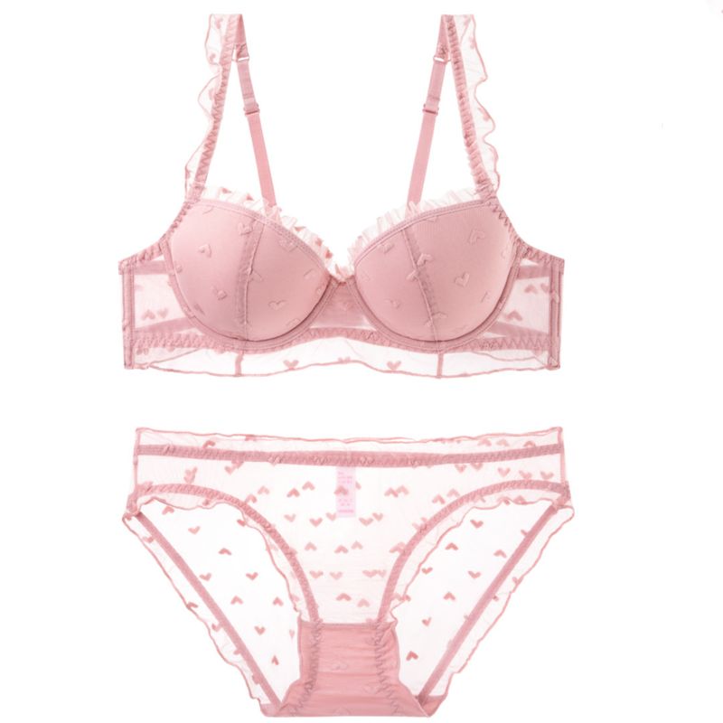 Women's Intimates Small Chest Push Up Heart Shaped Flocking Embroidery Pure Desire Bra Set_voghion.com