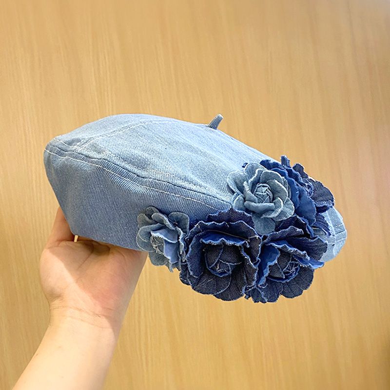 Hot Sale Fashion Floer Denim Beret Hats for Women Girls Spring Summer Seet Coboy Cap Korean Casual Artist Painter Caps 2024_voghion.com