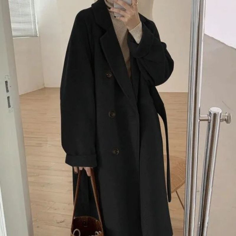 Manteau long en laine mélangée pour femme, trench-coat oversize à double boutonnage, style décontracté et élégant, couleur avoine, noir, moka, rouge et gris._voghion.com