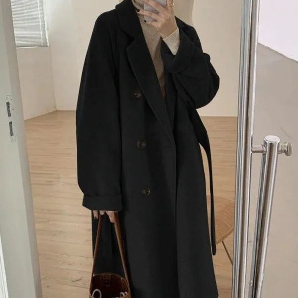 Manteau long en laine mélangée pour femme, trench-coat oversize à double boutonnage, style décontracté et élégant, couleur avoine, noir, moka, rouge et gris._voghion.com