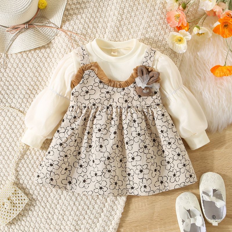 Long Sleeved Dress For Baby Girl Flower Printed Cotton Dress With Rabbit Decoration_voghion.com