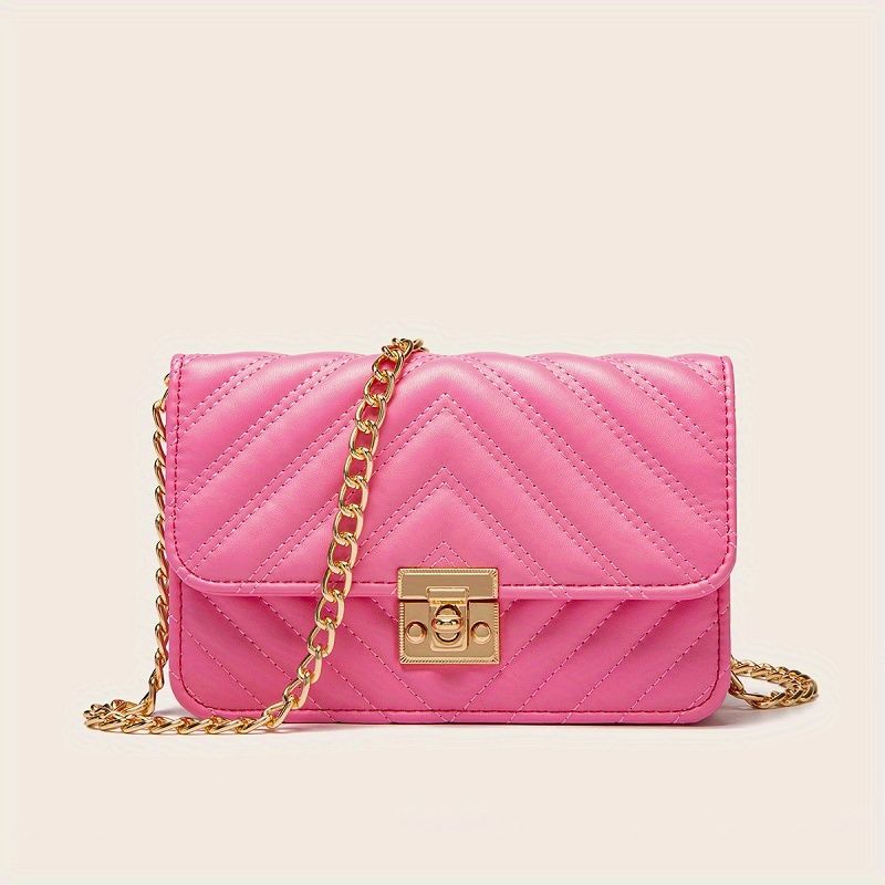 Borsa quadrata con patta trapuntata a catena, borsa a tracolla alla moda in ecopelle nera con tracolla regolabile_voghion.com