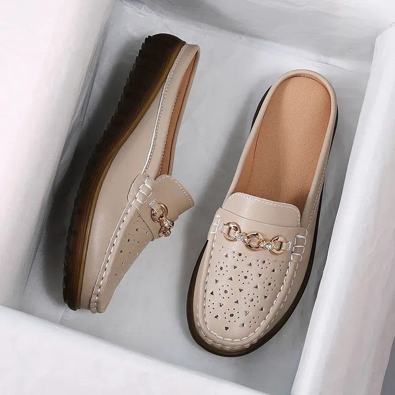 Ādas pilnīgi piemēroti jauni plakani Muller ikdienas liellopa cīpslas apavi ar mīksto zoli perforēti apavi 456_voghion.com