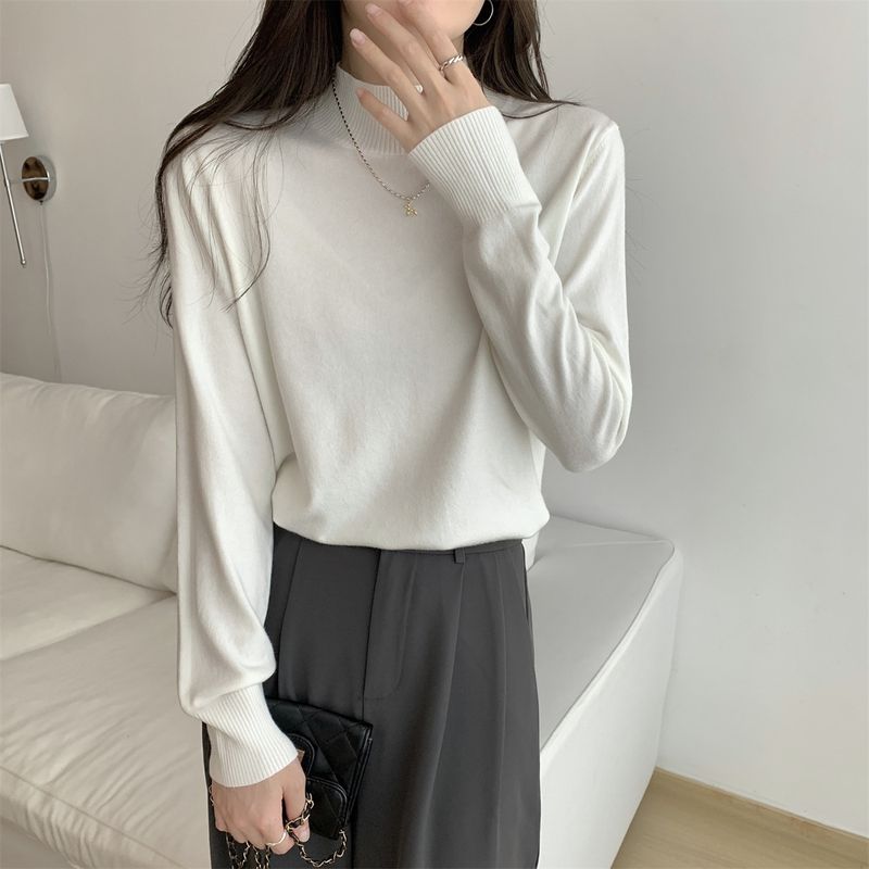 White Knitted Sweater For Women, Small Semi-turtleneck, Outer Wear, And Bottom Sweater._voghion.com