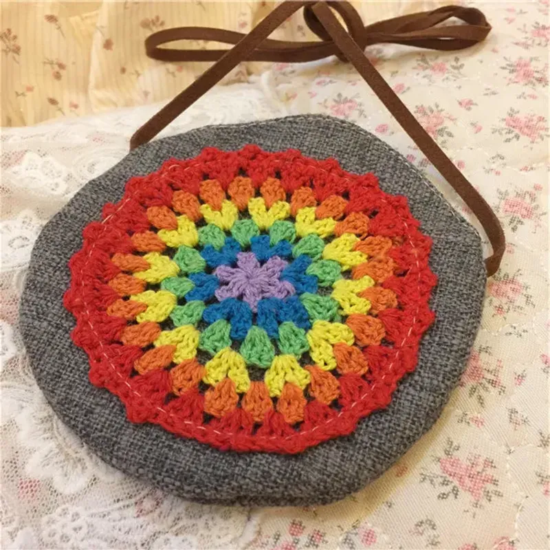 Fashion New Flower Girls Handbags Flowers Crochet Ethnic Style Children Messenger Bag Knite Round bag Kids Shoulder Bags_voghion.com