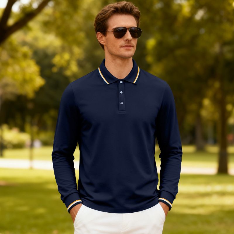 Men's Breathable Jacquard Polo Shirt - Loose Fit Long Sleeve Casual Top For Golf & Everyday Wear_voghion.com