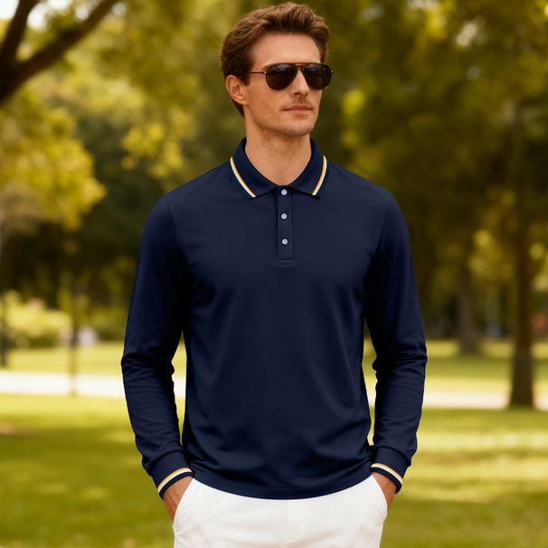 Men's Breathable Jacquard Polo Shirt - Loose Fit Long Sleeve Casual Top For Golf & Everyday Wear_voghion.com