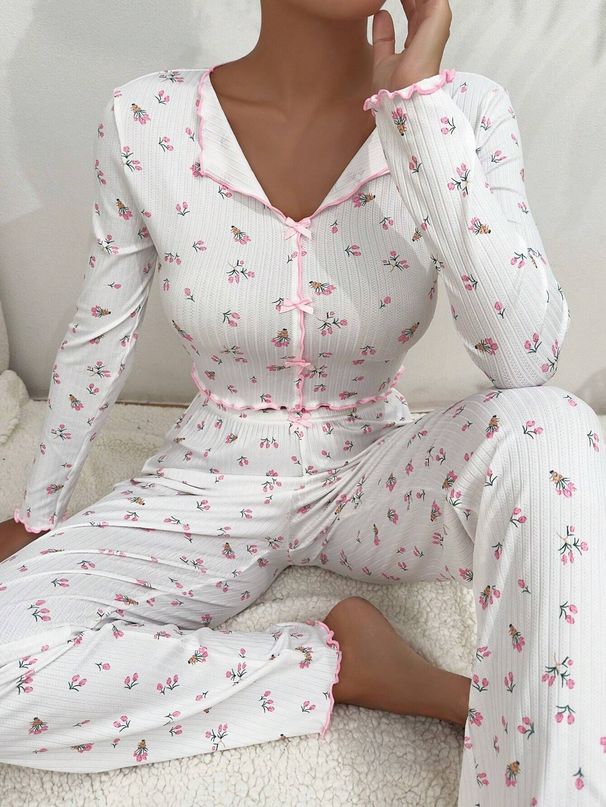 Women's Printed Long Sleeve Pajama Set - Stylish & Breathable Loungewear With Elastic Waist (S-XL, 4 Floral Patterns)_voghion.com