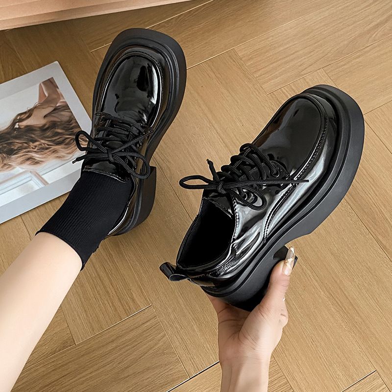 Mocassins noirs à lacets pour femmes, grandes tailles, semelles épaisses, talons hauts, printemps et automne_voghion.com