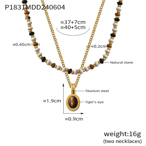 Natural Bead Tiger Eye Stone Oval Pendant Necklace For Female Niche, Light Luxury, Double-layer Stacked Titanium Steel_voghion.com