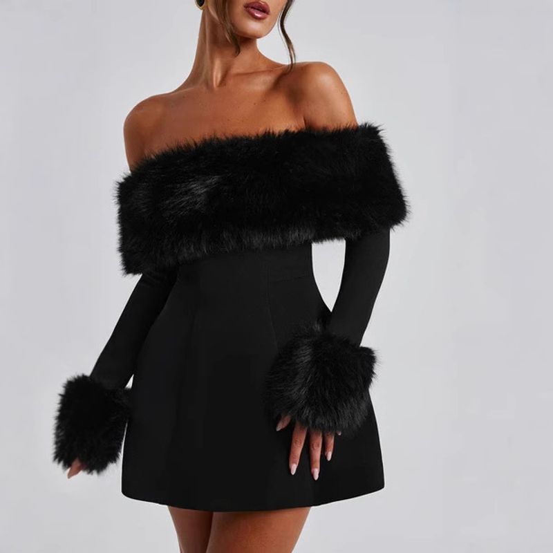 Damenbekleidung Neues Plüsch-Schulterfreies Edles Temperamentkleid Elegante Mode Hohe Taille Minikleid Abendgarderobe_voghion.com