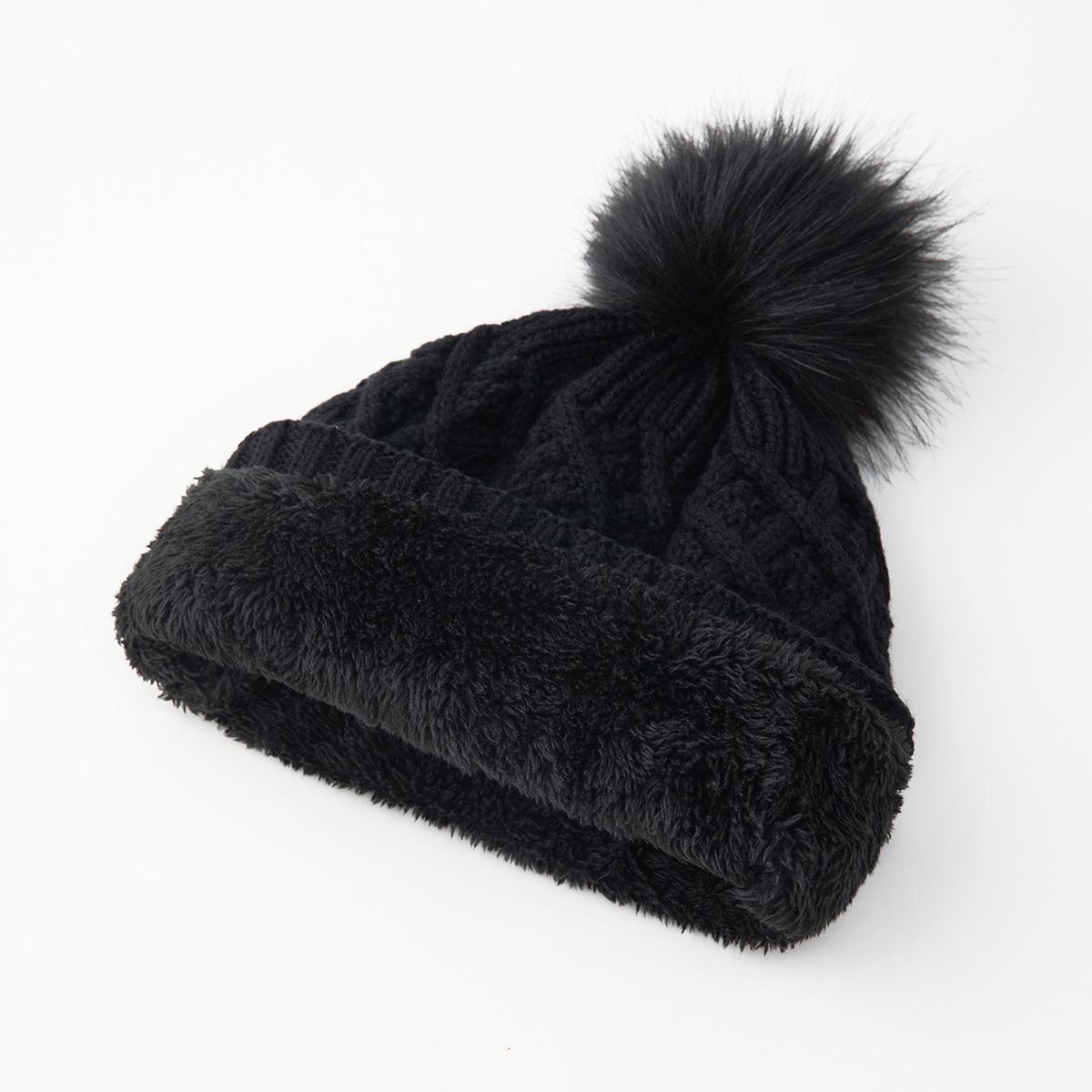 Berretto lavorato a maglia con pompon - Cappello invernale foderato in pile spesso, antivento e caldo, motivo a rombi a punto croce, berretto unisex morbido per il freddo_voghion.com
