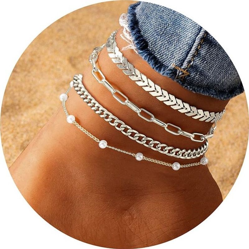 Gold 14k Cuba Fried Dough ！ Twists Pearl Personalized Fashion Stainless Steel Multi Layer Feet Chain_voghion.com