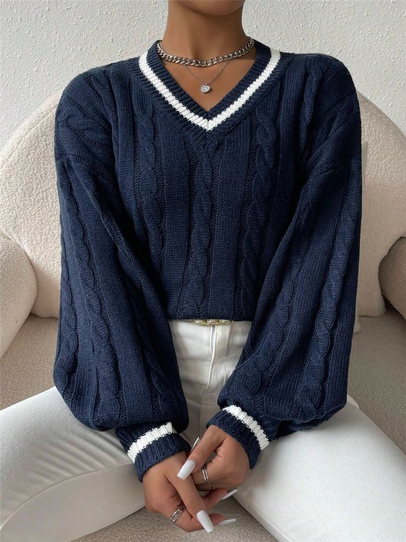 Women's Clothing Autumn And Winter Temperament Contrast Color Cable Sweater Loose V Neck Fashionable Tops For Women_voghion.com