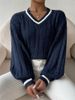 Women's Clothing Autumn And Winter Temperament Contrast Color Cable Sweater Loose V Neck Fashionable Tops For Women_voghion.com