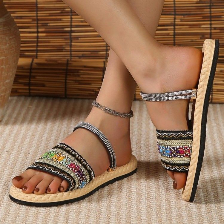 Thick sole two in one line slippers for women's new ethnic style hemp rope colored rhinestone beach sandals, large size_voghion.com