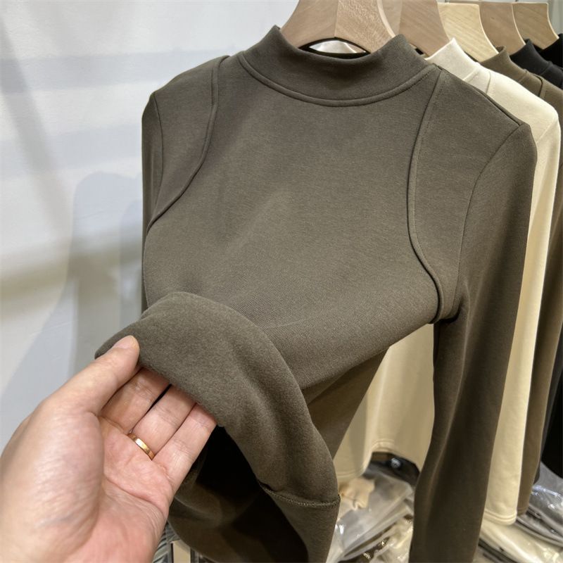 2025 Geborsteld Warme Elastische Lijn Gevoelige Semi Hoge Hals Lange Mouw Basis Shirt Herfst En Winter Nieuw Huidvriendelijk_voghion.com