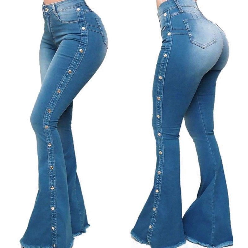 High waist elastic mop flared jeans ladies trousers_voghion.com