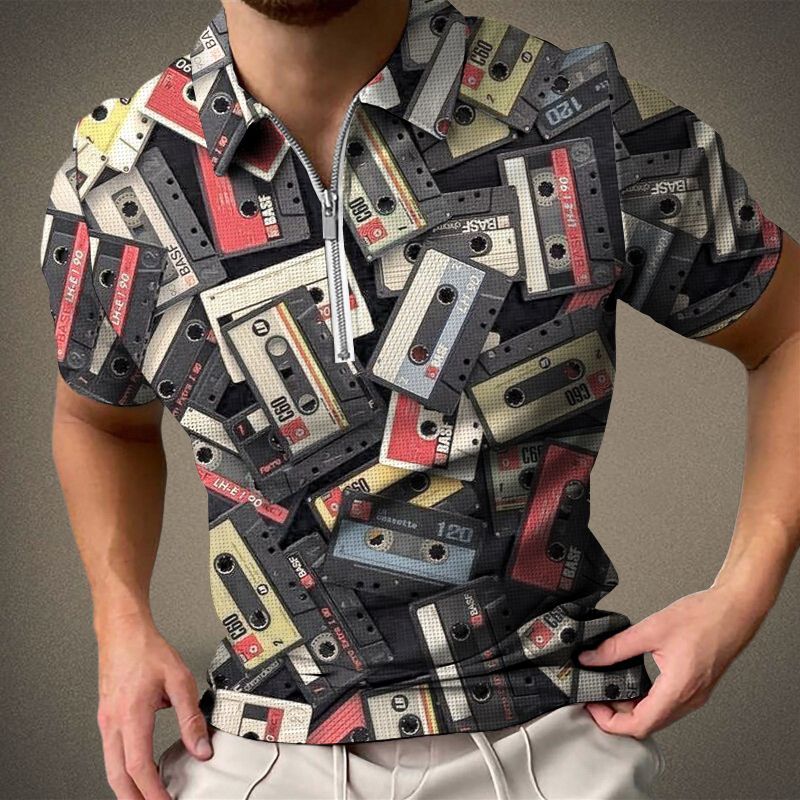 Camicia a maniche corte da uomo con cerniera Polo stampata in 3D con motivo a righe colorate_voghion.com