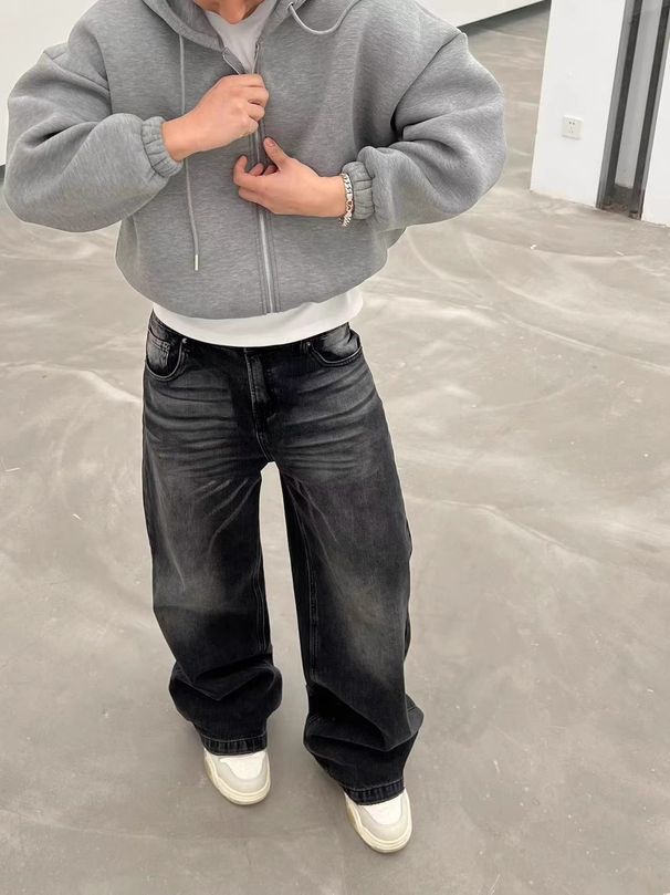 Meeste rõivad Retro kassi vurrudega teksad Pestud mustad Cleanfit kulunud kassi vurrudega mitmekülgsed laiad püksid_voghion.com