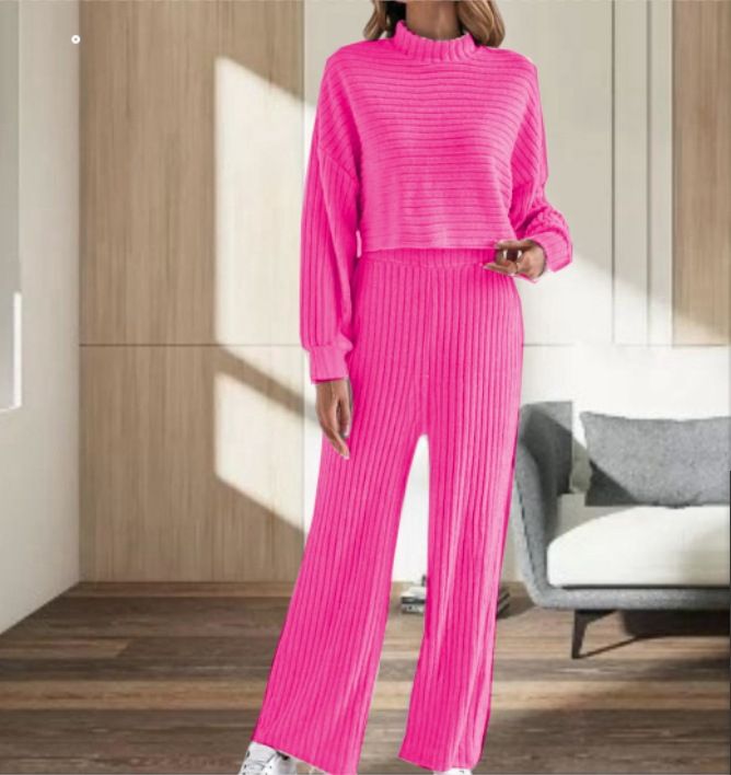 Damenbekleidung für Frühling und Herbst, einfarbig gestrickt, feines Strickmuster, modische kurze Oberteile mit überschnittenen Schultern, langen Ärmeln und geraden Hosenanzügen_voghion.com