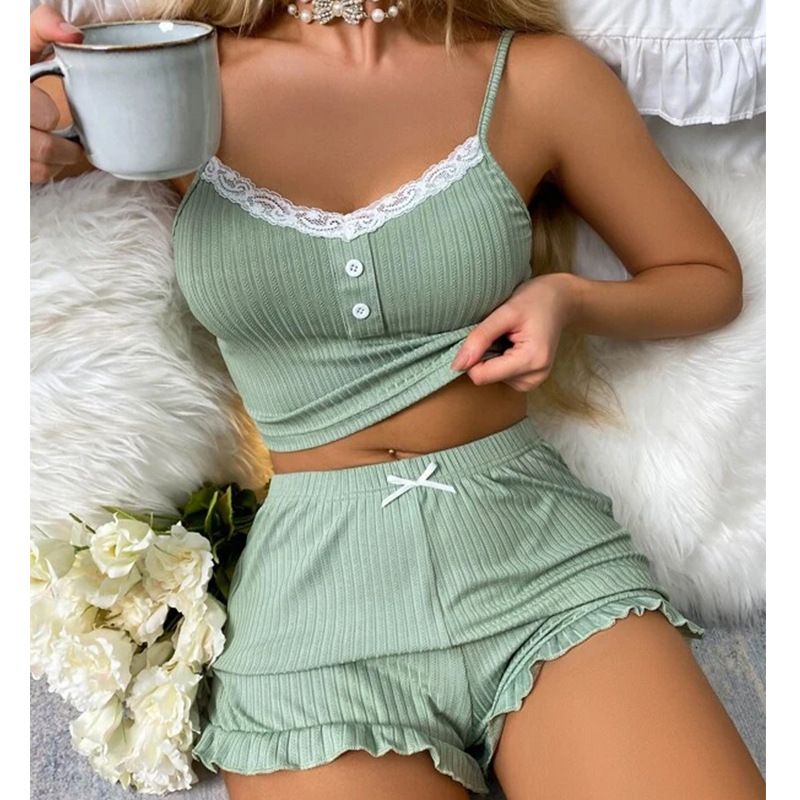 Sexig spets hängslen pyjamas kostym shorts kvinnors hem wear Pyjamas_voghion.com