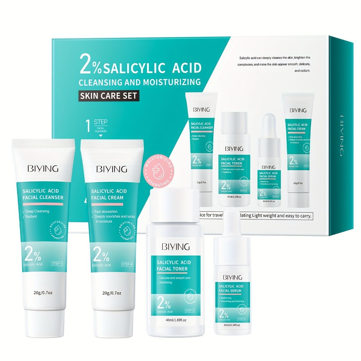 4pcs 2% Salicylic Acid Care Set For Women Men Korean Formula Cleansing Moisturizing Kit With Facial Cleanser, Toner,_voghion.com