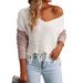 Oversized V-Neck Off-Shoulder Sweater – Long Sleeve Knit Top For Women (S-XL, White & Color-Block)_voghion.com
