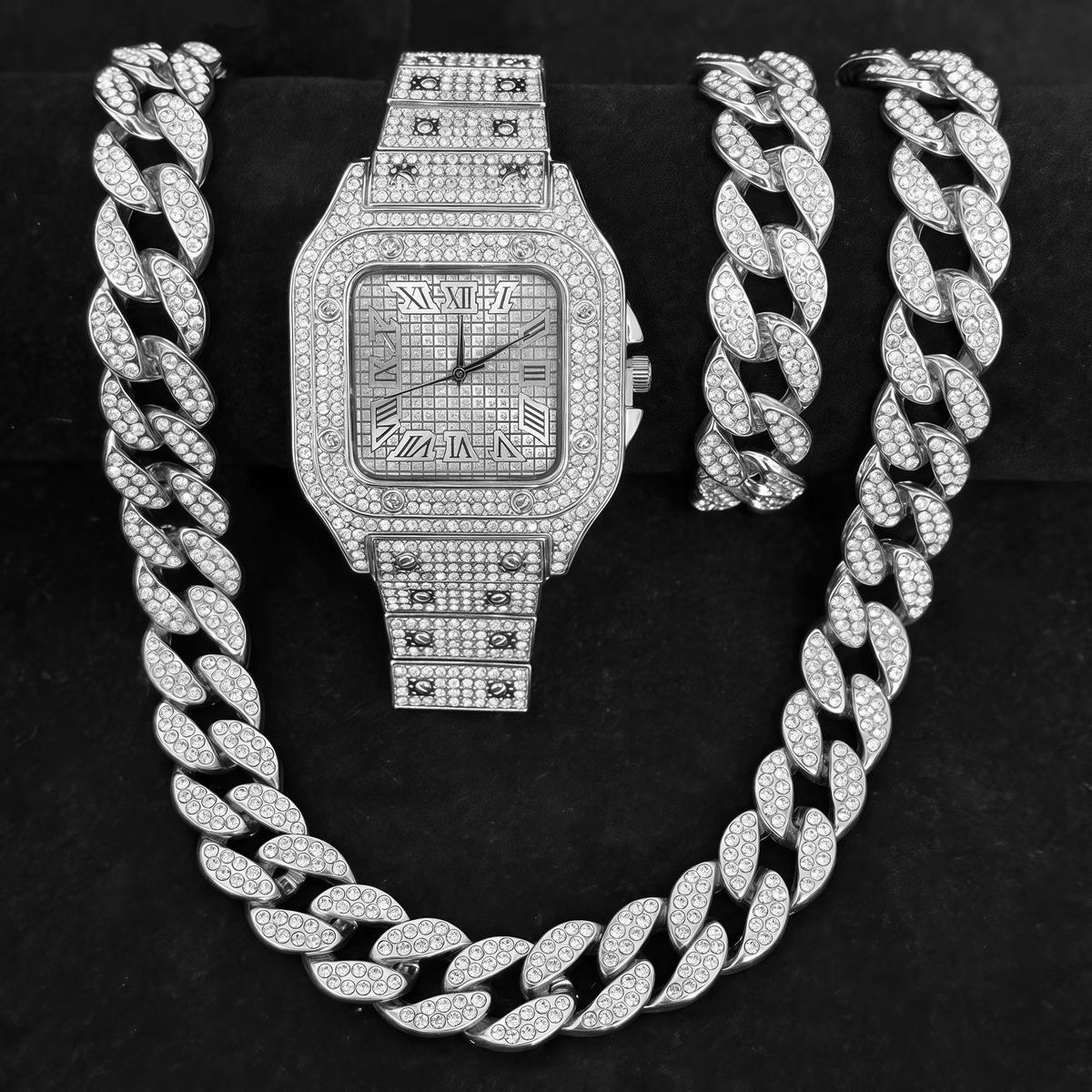 Stilvolles Quarzuhr-Set für Herren mit kubanischem Hip-Hop-Kettenarmband und Halskette – Gold/Silber, 44 mm Zifferblatt, Mineralglas, Edelstahlverschluss_voghion.com