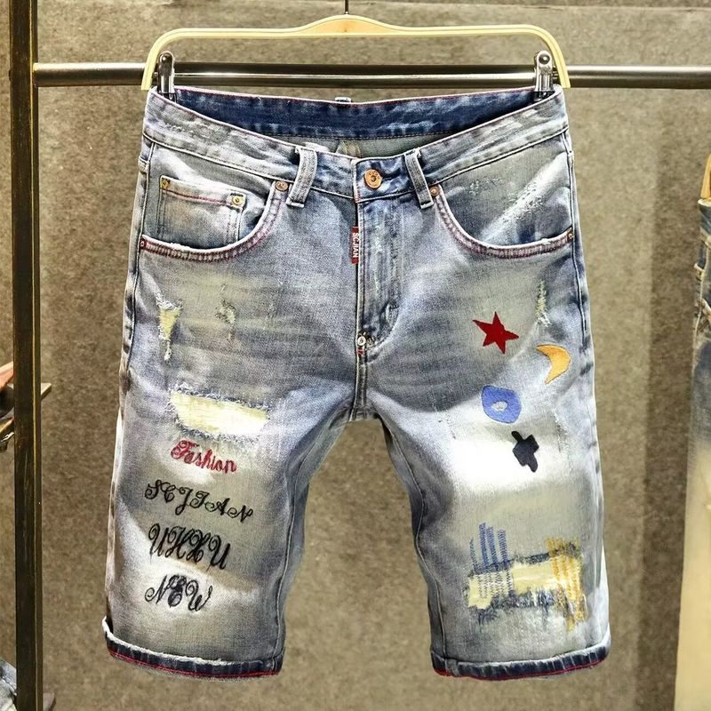 Men's Clothing Summer New Men's Denim Shorts Trendy Casual Straight Elastic Print Shorts Trendy Brand Jeans_voghion.com