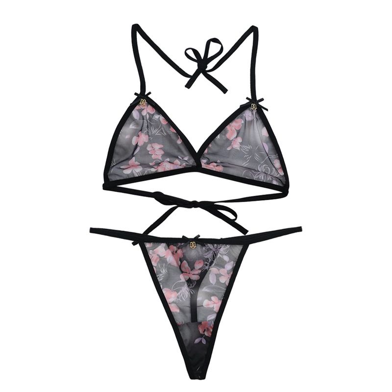 Women Sexy Lingerie Set Flower Bra Thong 2 Pieces Soft Mesh See-through Strap Transparente Underwear Body Suit Bikini_voghion.com