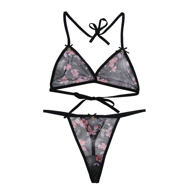 Women Sexy Lingerie Set Flower Bra Thong 2 Pieces Soft Mesh See-through Strap Transparente Underwear Body Suit Bikini_voghion.com