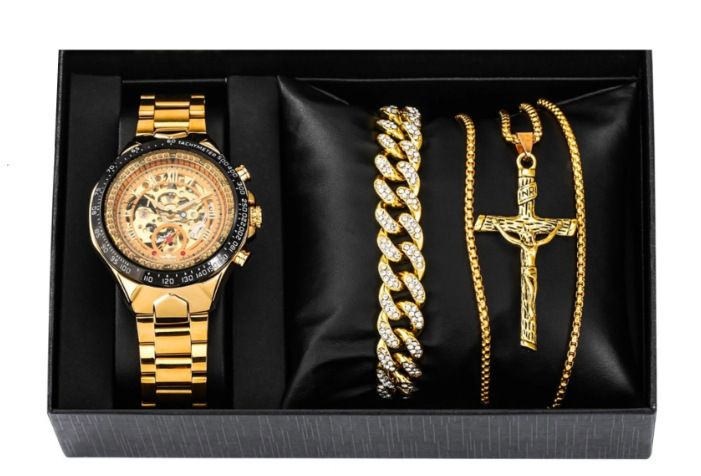 Erkekler için Çoklu Zaman Dilimi Paslanmaz Çelik Kuvars Saat, Büyük Işıklı Kadran ve Hediye Kutusu Ambalajı Çelik Bantlı Günlük Kuvars Saat_voghion.com