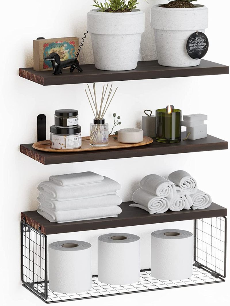 Estante colgante de esquina de pino para colgar en la pared, para dormitorio, sala de estar, baño, cocina, estante de almacenamiento de pared negro carbonizado_voghion.com