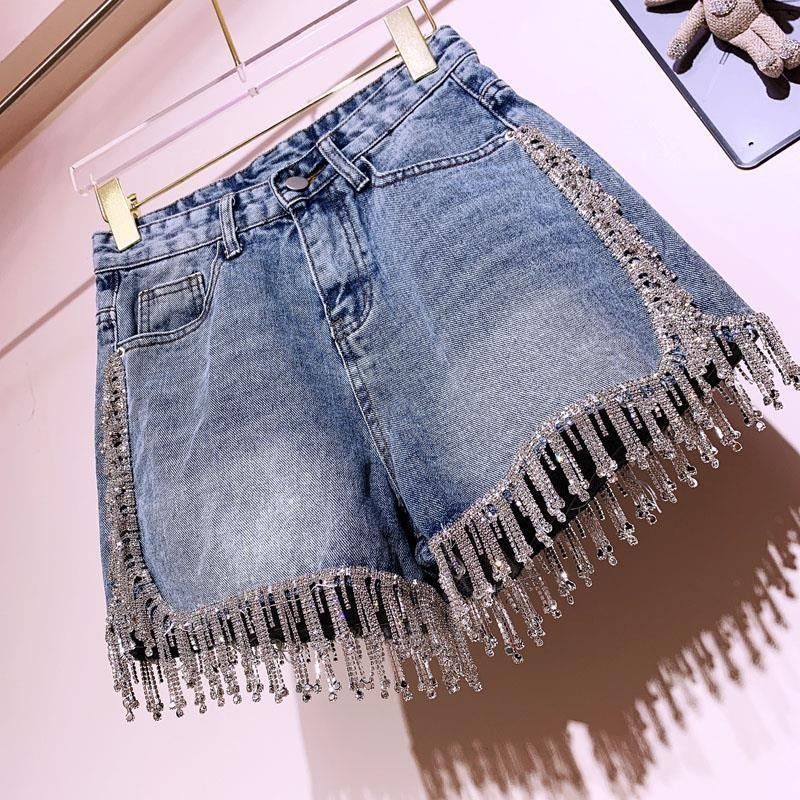 Vêtements pour femmes Short en jean taille haute à franges en strass Super flash haut de gamme incrusté de diamants industrie lourde tous les pantalons chauds minceur assortis_voghion.com