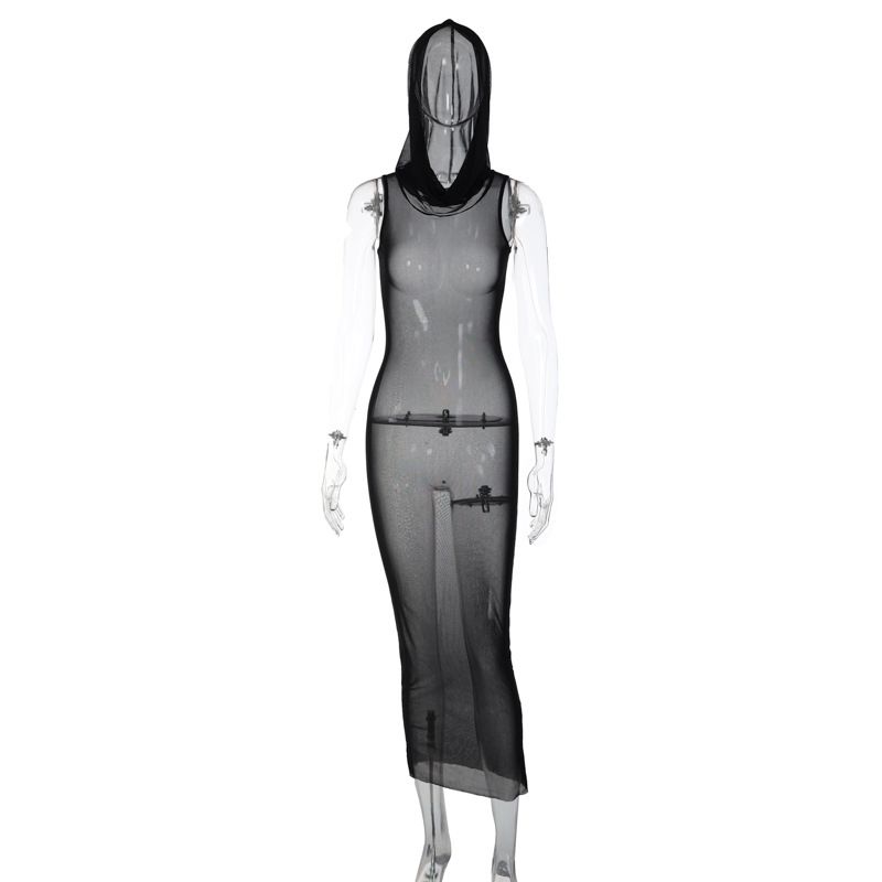 Vestito lungo sexy in rete trasparente con cappuccio e maniche lunghe da donna, primavera 2025_voghion.com